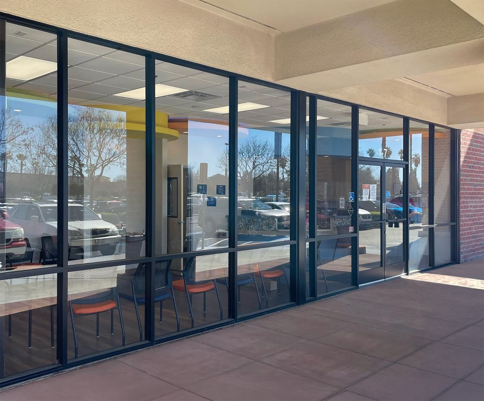 Storefront glass with window film applied