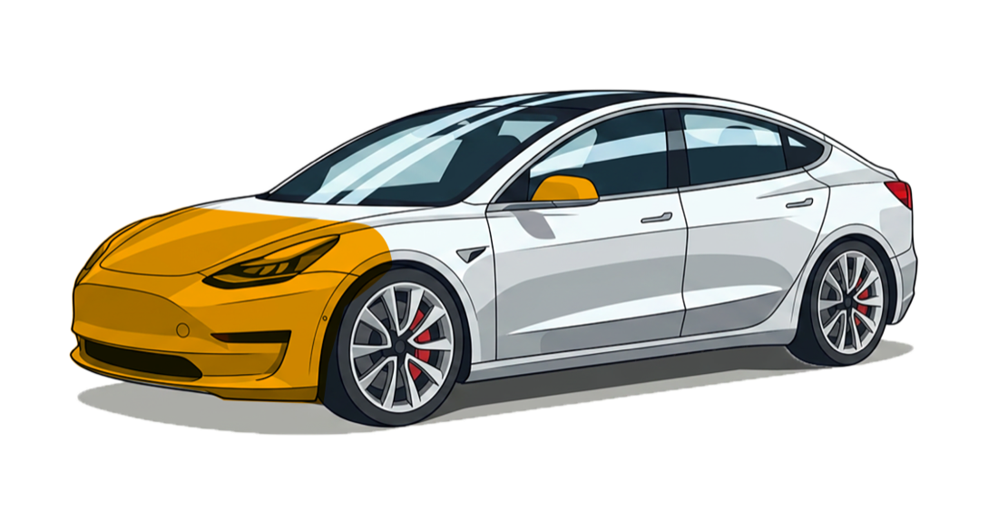 Partial Front Protection Package coverage diagram: front bumper, headlights, mirrors and leading edge of hood and fenders highlighted