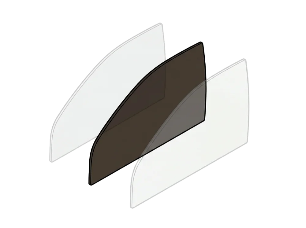 Tinted door glass shown against two untinted panes for comparison
