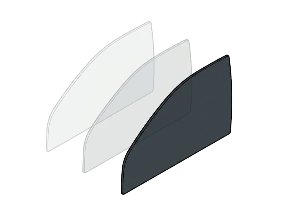 Tinted door glass shown against two untinted panes for comparison